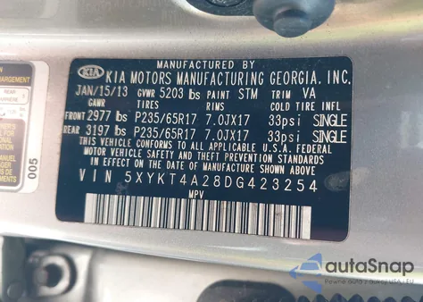 2013 Kia Sorento Lx V6 from USA, damaged, VIN 5XYKT4A28DG423254